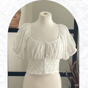 Free People Heartstrings Lace Crop Top White w/Ballooned Short Sleeves (S)